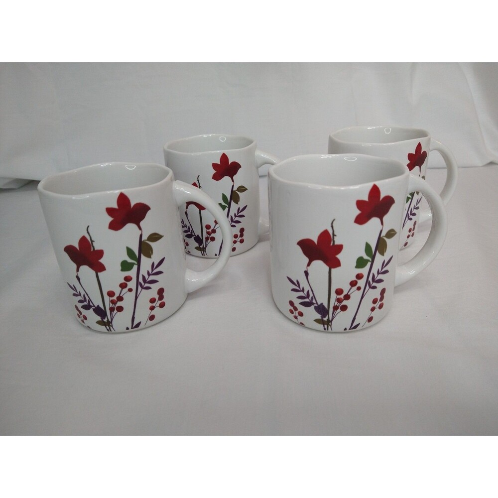 Set of 4 Rhea Coffee Mugs by 222 FIFTH Red Floral Wavy Rim Porcelain Fine China